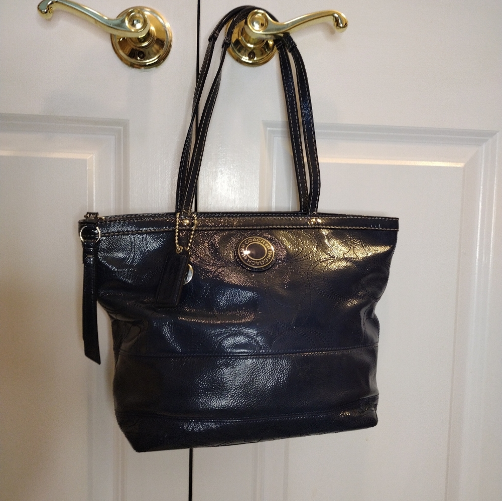 Coach Signature Shoulder Bag F19198 13.5" x 9" Black on Black, Silver Lining